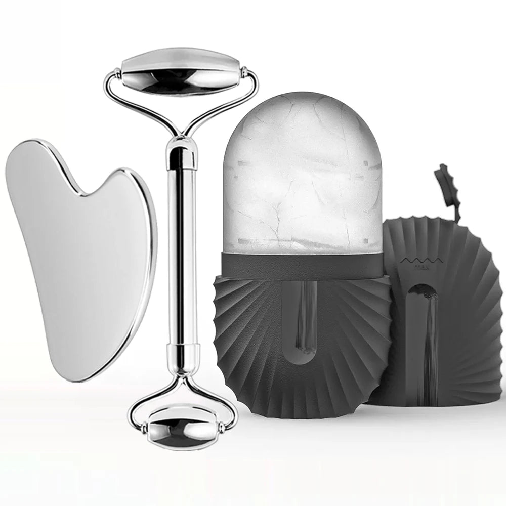 Ice Roller and Gua Sha Set - Stainless Steel with Facial Massage Mold