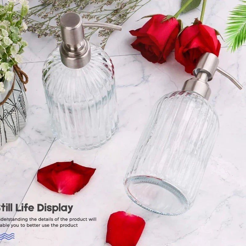 Clear Glass Dispenser - Refillable Bottle for Soap, Shampoo and Gel