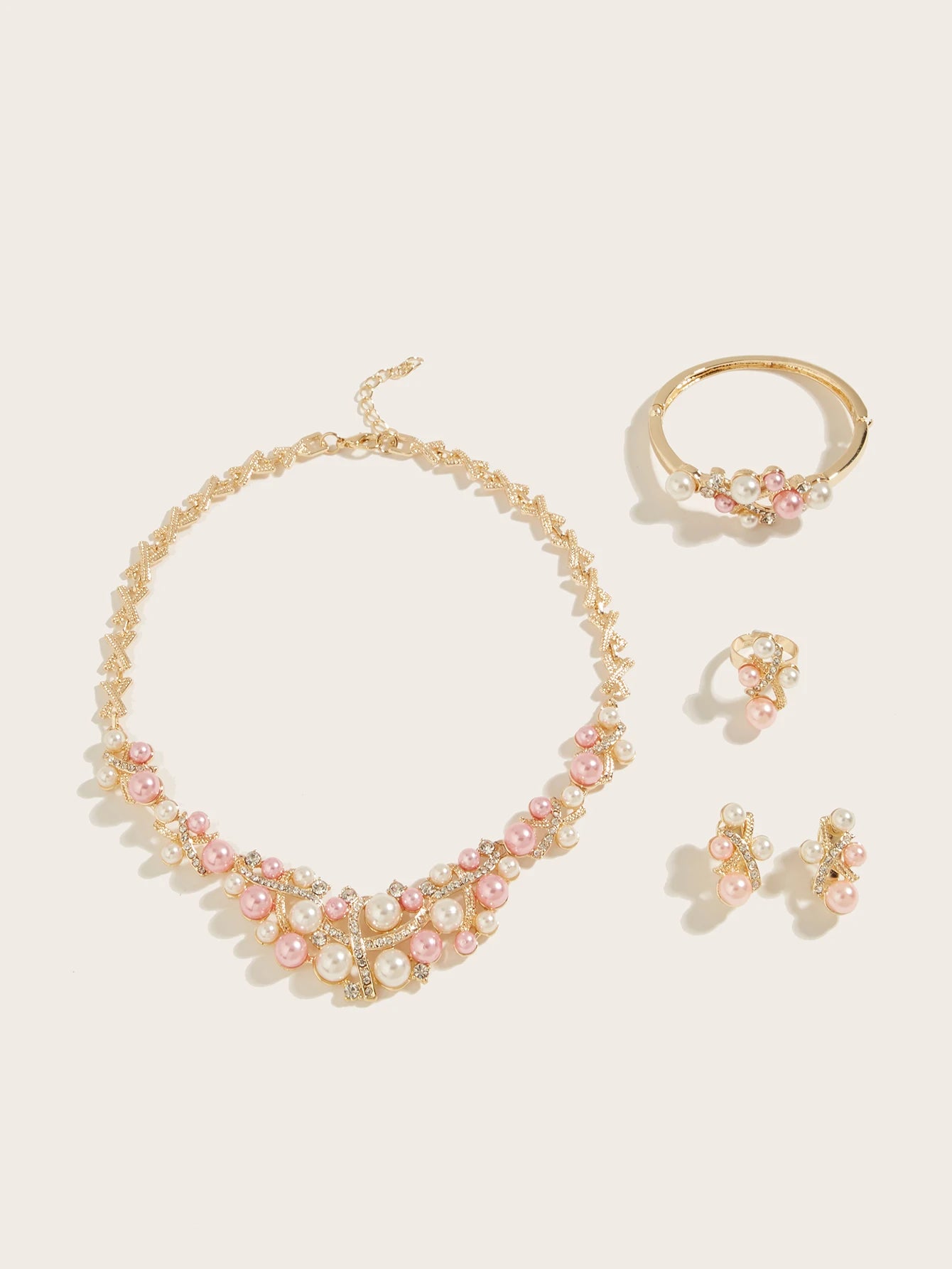 Women's Jewelry Set | 4 Piece Set with Necklace, Bracelet, Earrings and Ring, Imitation Pearls and Pink and White Rhinestones