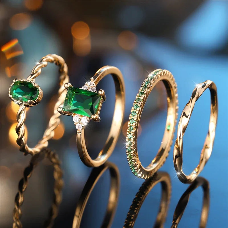 4pcs Green Zircon Ring Set, Gold Plated for Engagement & Wedding