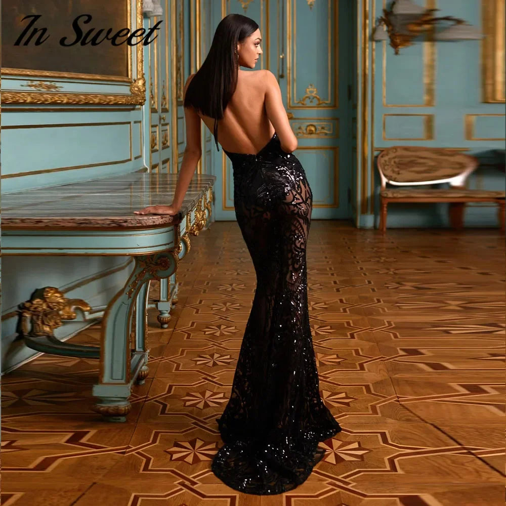 Mermaid Evening Dress | Sequins Lace Halter Gown