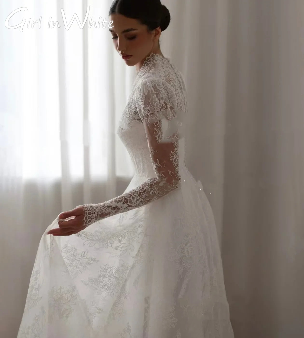 Luxury Modest Bridal Gown | Custom-Fit A-Line Dress with Intricate Lace, V-Neck & Long Sleeves | Elegant Sweep Train