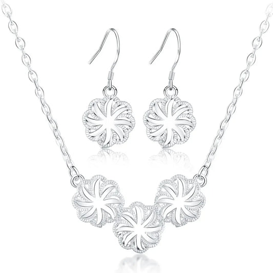 Women's Jewelry Set in 925 Sterling Silver, with Flowers, Necklace and Earrings, Elegant, for Wedding, Party and Gift