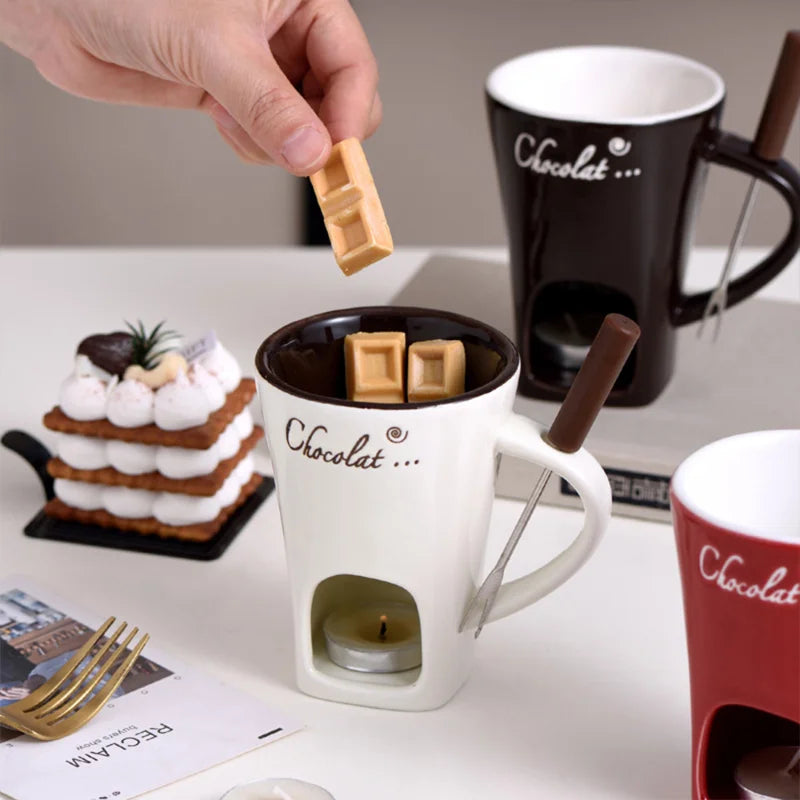 Ceramic Chocolate Fondue Set | Cheese and Chocolate Candle Warmer | Includes Fork