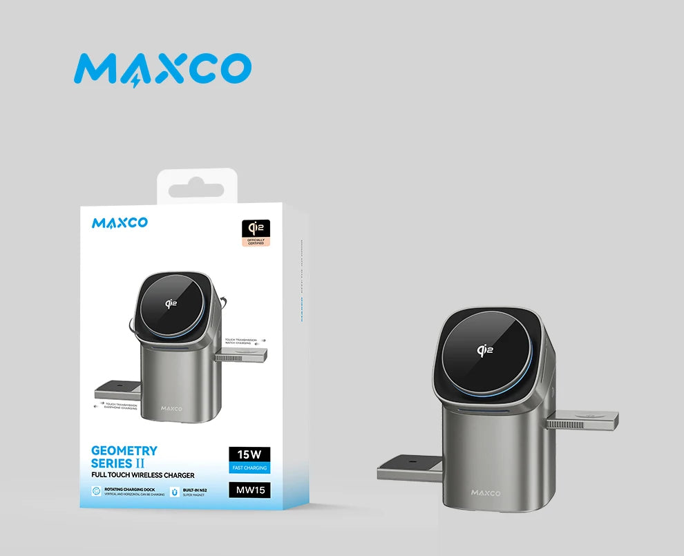 MAXCO Qi2 3-in-1 Wireless Charger, 15W Fast Magnetic Charging Station for iPhone 15/16, Apple Watch and AirPods