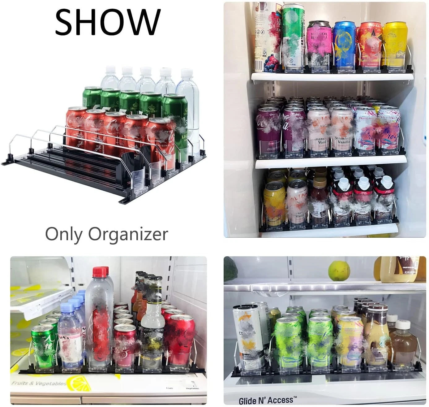 Refrigerator Beverage Organizer | Sliding, with pusher for 25 cans.