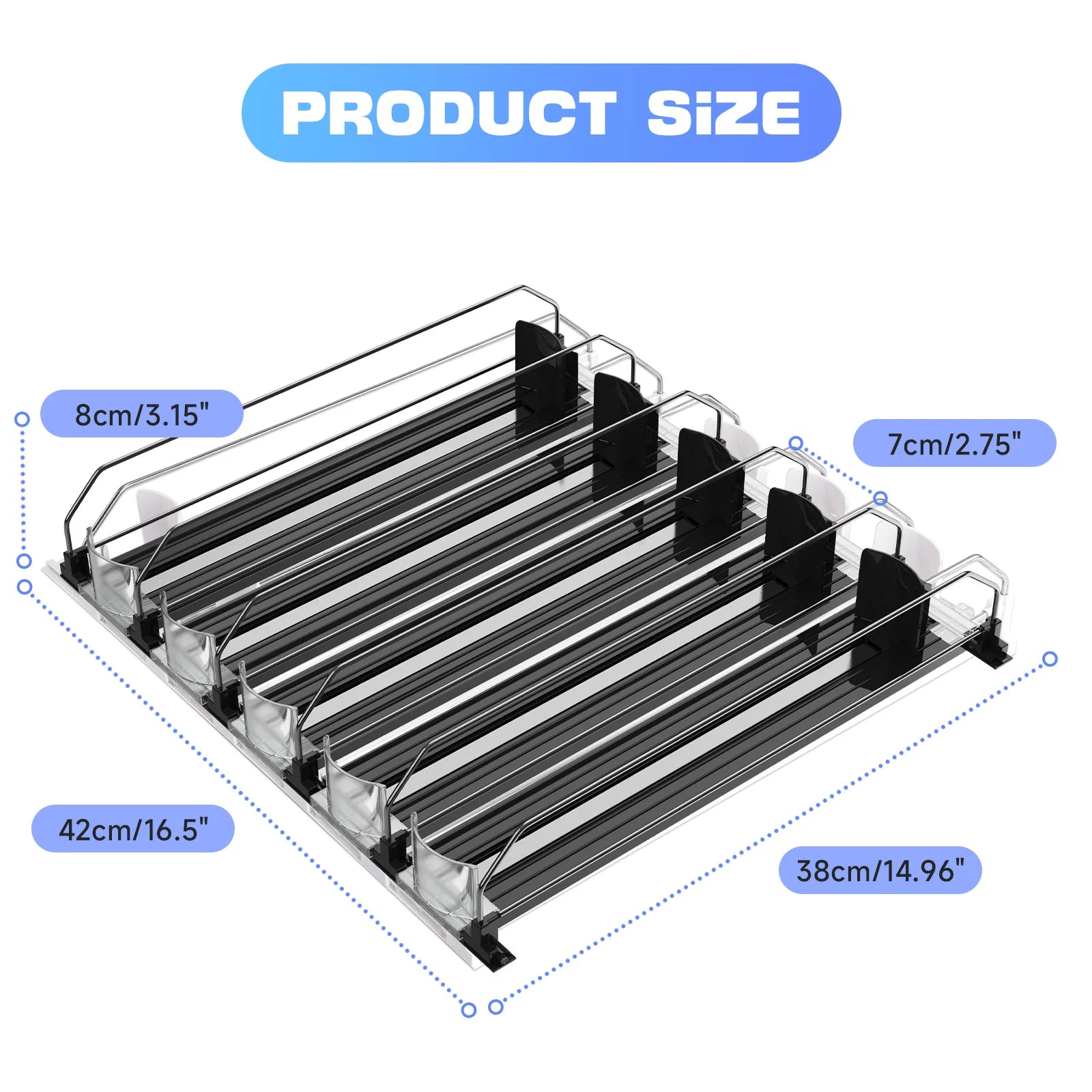 Refrigerator Beverage Organizer | Sliding, with pusher for 25 cans.