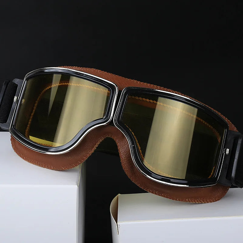 Retro Leather Motorcycle Goggles - Windproof and Foldable for Helmet