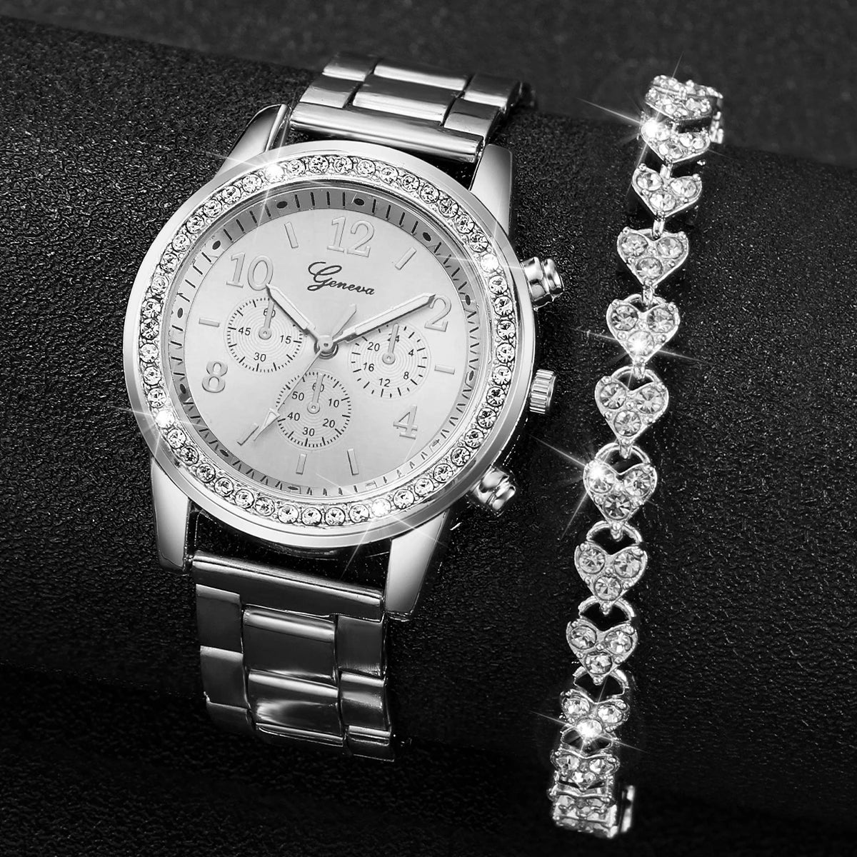Women's watch set with diamond effect