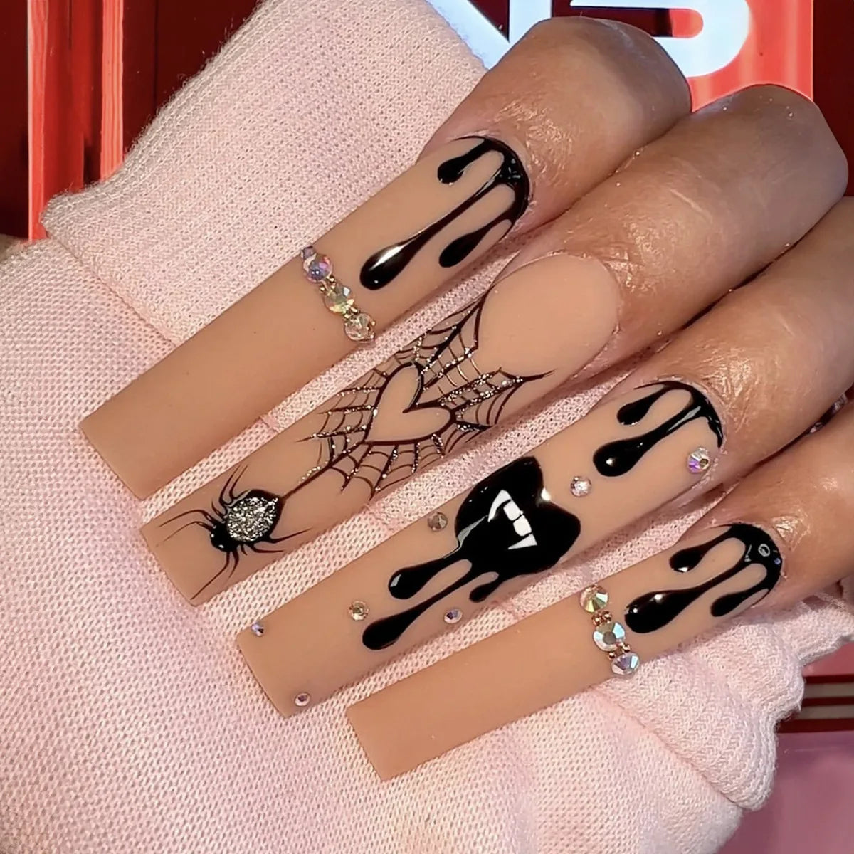 24pcs Halloween Press on Nails, Long Coffin with Spider & Rhinestone Designs