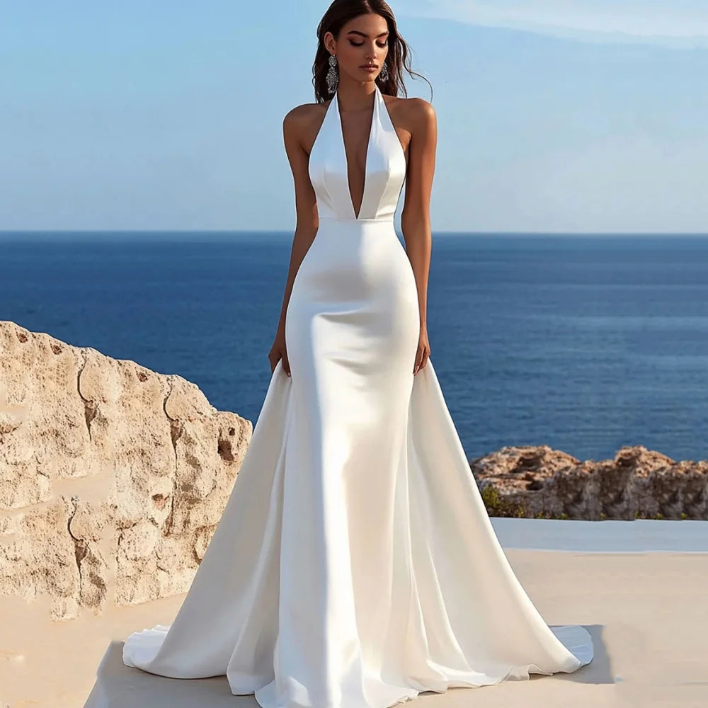 Bohemian halter wedding dress with halter neckline and open back