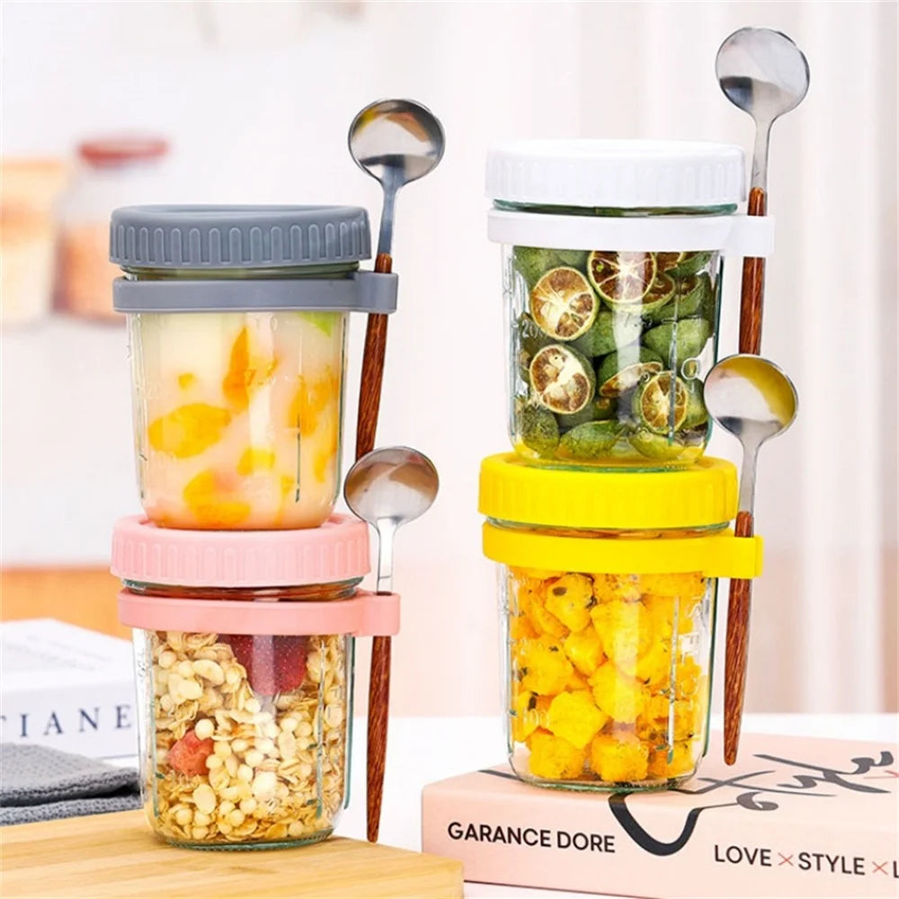 Glass jar with lid and spoon for overnight oats