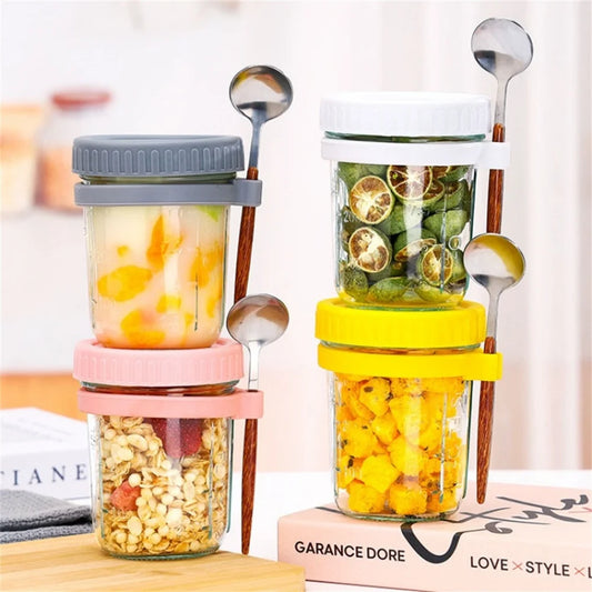 Glass jar with lid and spoon for overnight oats