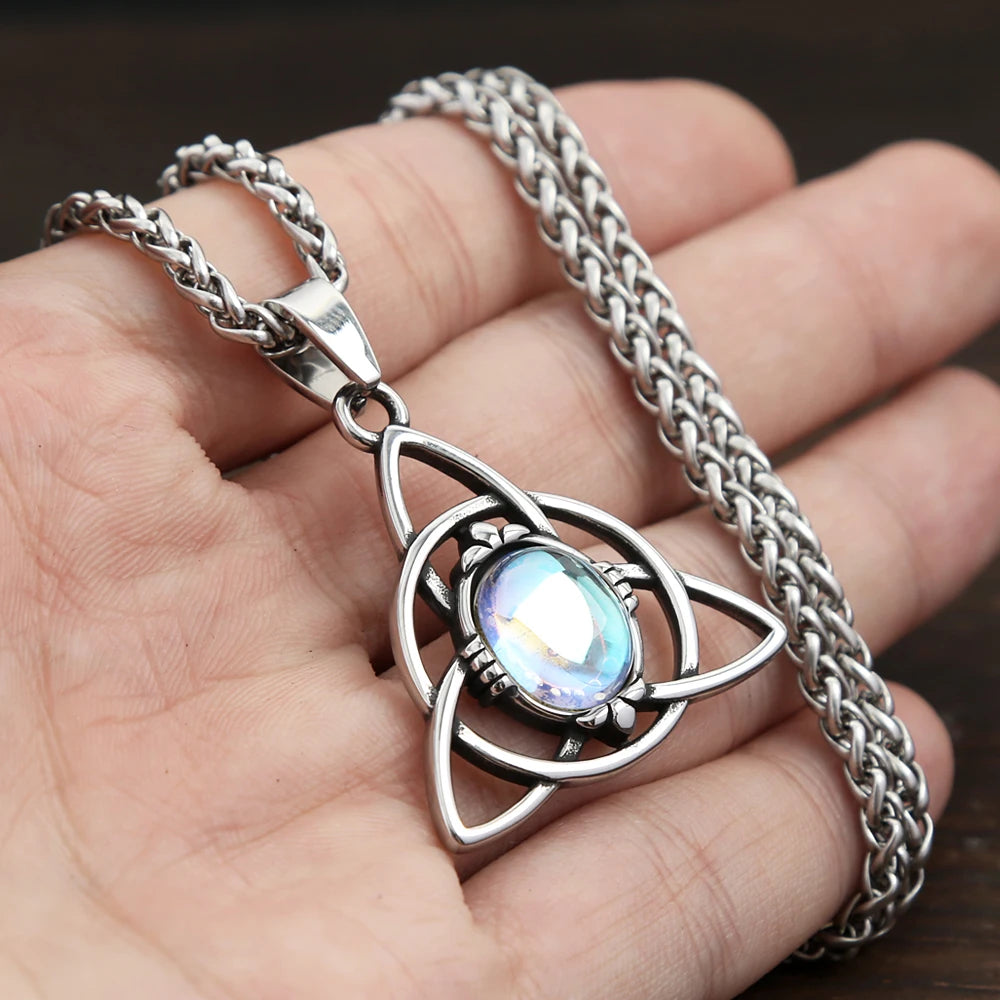 Trinity Knot, Opal, Nordic Amulet, Unisex Stainless Steel Jewelry