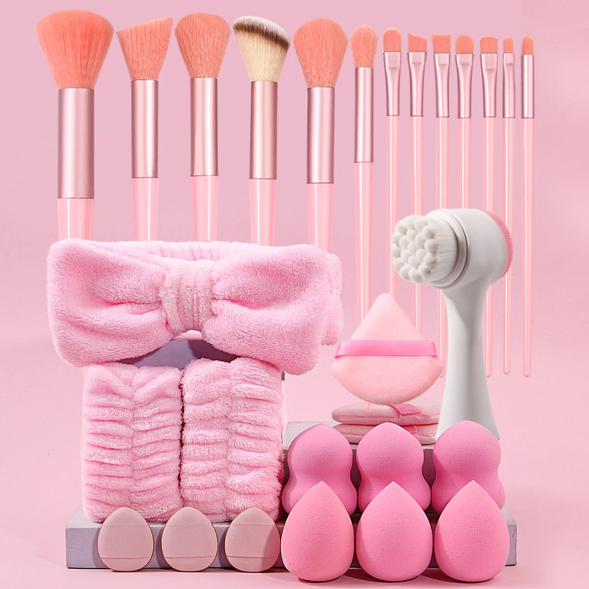 29-Piece Makeup Kit, Set of 13 Brushes and 12 Sponges, Includes Headband, Wristband and Facial Cleansing Brush, Complete Accessories