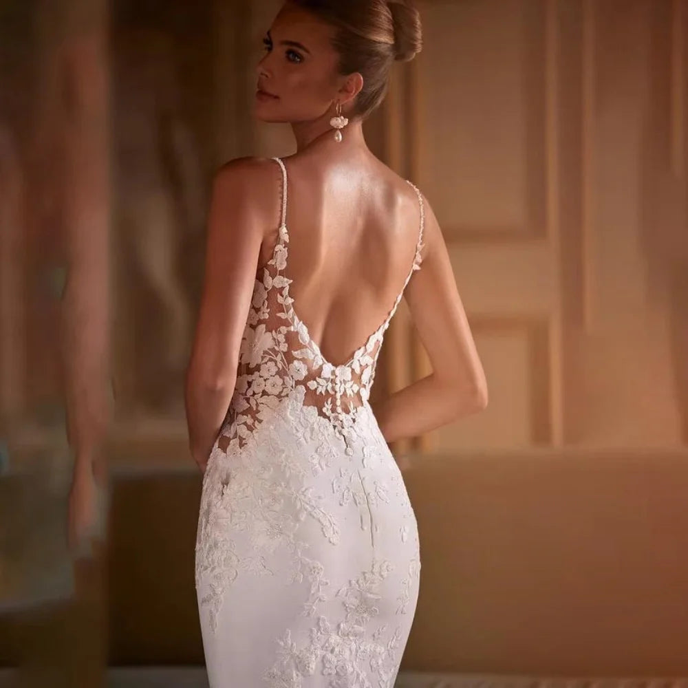 V-Neck Lace Wedding Gown | Spaghetti Strap Bridal Dress by Enternity with Court Train | Customized