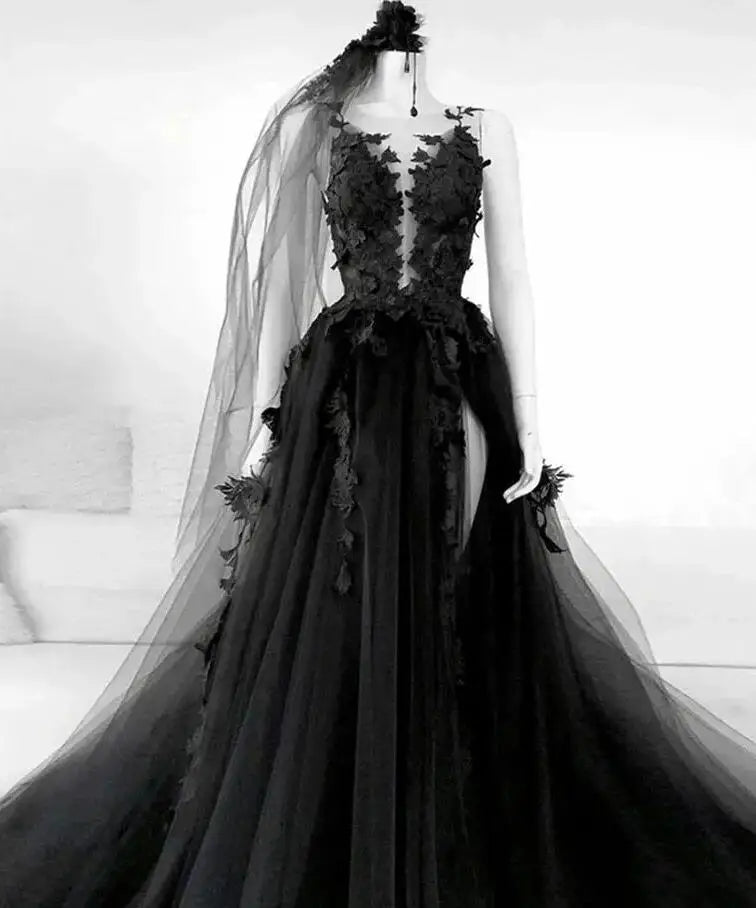 Gothic Black Lace Mermaid Wedding Dress | High Neck