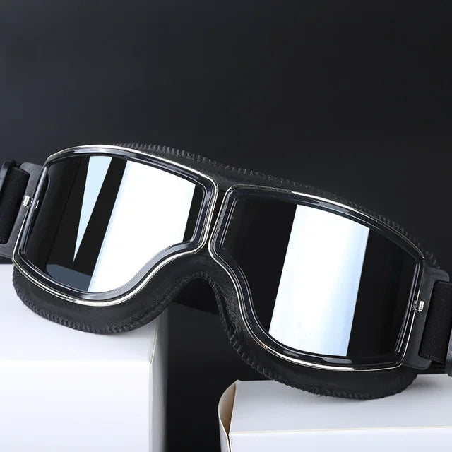 Retro Leather Motorcycle Goggles - Windproof and Foldable for Helmet