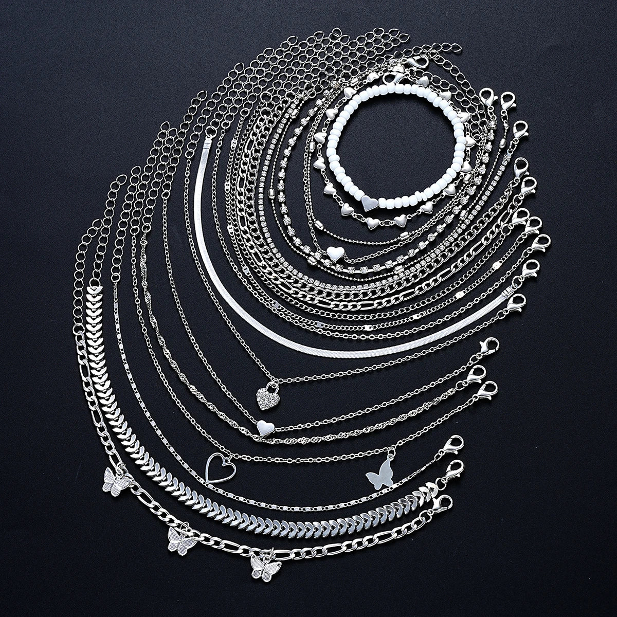 19Pcs Silver Anklet Set for Women, Pearl, Butterfly & Heart Designs