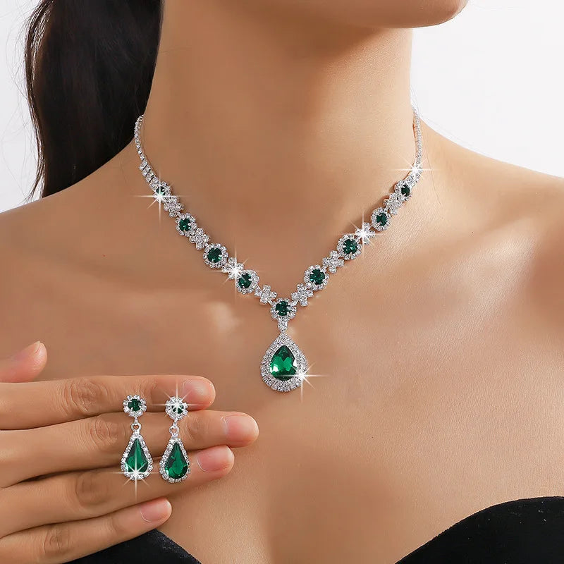 Women's Jewelry Set (2 Pieces) | Elegant Pendant Necklace and Stud Earrings with Water Drop and Rhinestones
