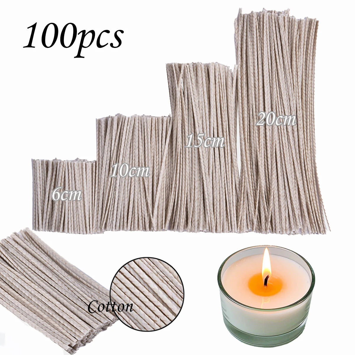 Waxed Cotton Candle Wicks (100 Pieces) | 6/10/15/20cm | Smokeless Wicks for Soy Wax, DIY Candle Making Supplies