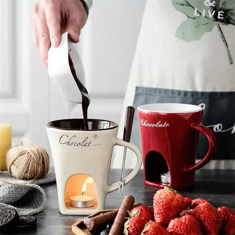 Ceramic Chocolate Fondue Set | Cheese and Chocolate Candle Warmer | Includes Fork