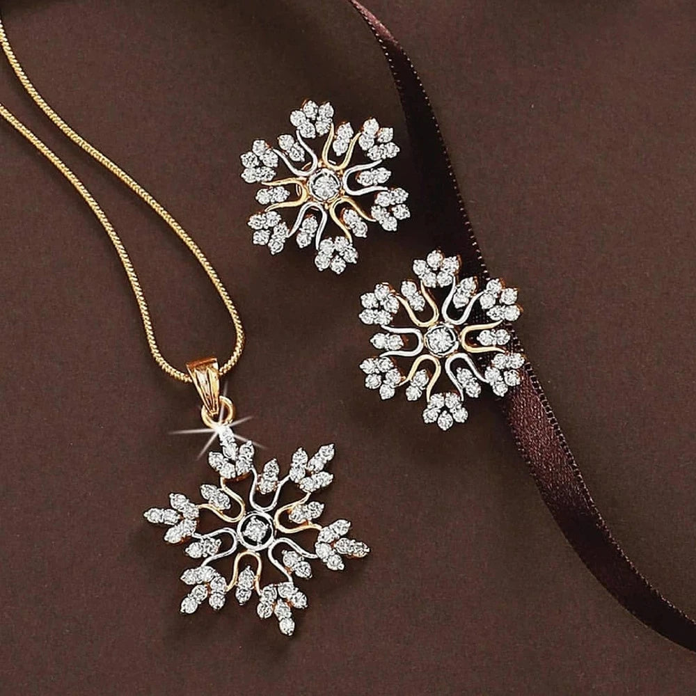 Women's Jewelry Set | 925 Sterling Silver Necklace and Earrings, Snow Flower, Gold Plated, for Wedding and Engagement