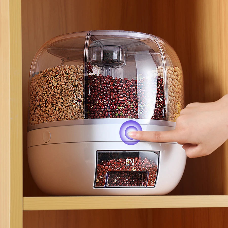 360° Rotating Cereal Dispenser, 6-Compartment Airtight Kitchen Organizer for Dry Foods, Grains, and Snacks