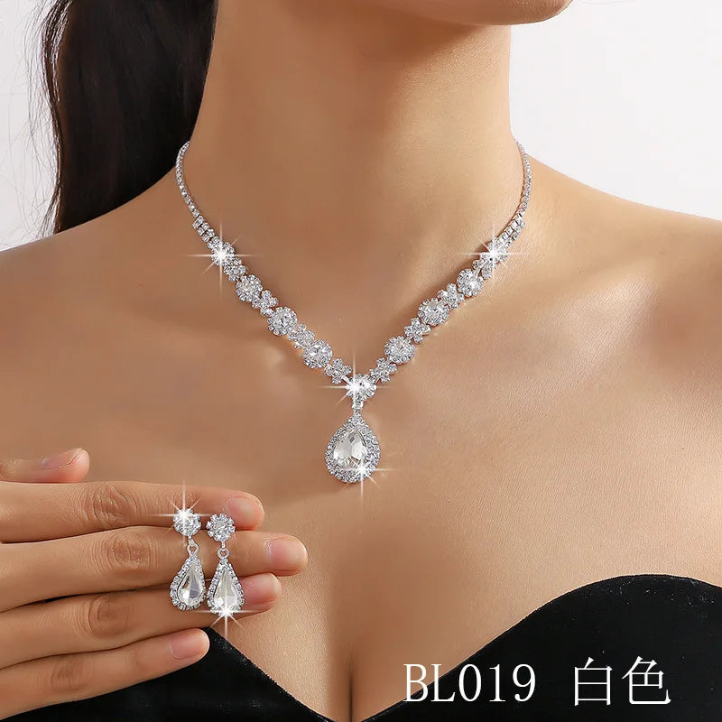 Women's Jewelry Set (2 Pieces) | Elegant Pendant Necklace and Stud Earrings with Water Drop and Rhinestones