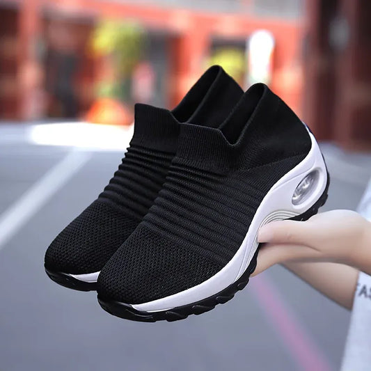 Look for it here Black white / 35 Women's Fly Knit Breathable Mesh Sport Shoes Height-Increasing Slip-On Sock Footwear Fashionable Outdoor Sneakers-Dropshipping