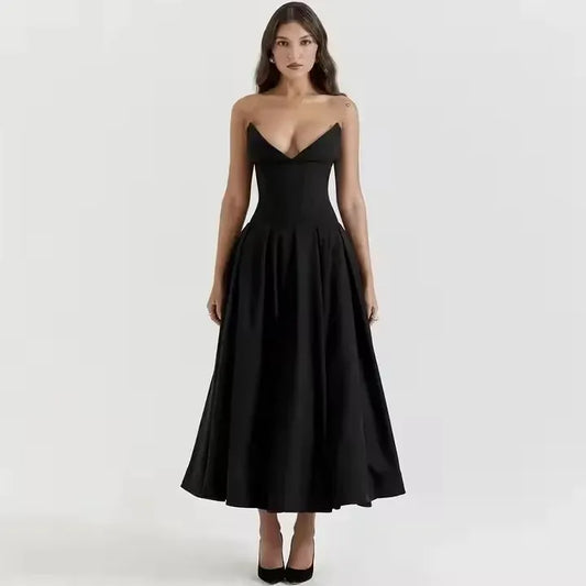 Look for it here Midi Christmas Party Dresses Women Clothing 2025 Sexy Strapless Corset Dress Black Elegant Wedding Events Dress